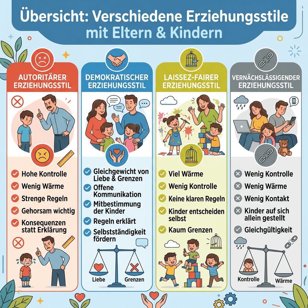 Vergleich autoritärer, demokratischer, laissez-faire und vernachlässigender Erziehungsstile mit jeweiligen Merkmalen und Illustrationen.