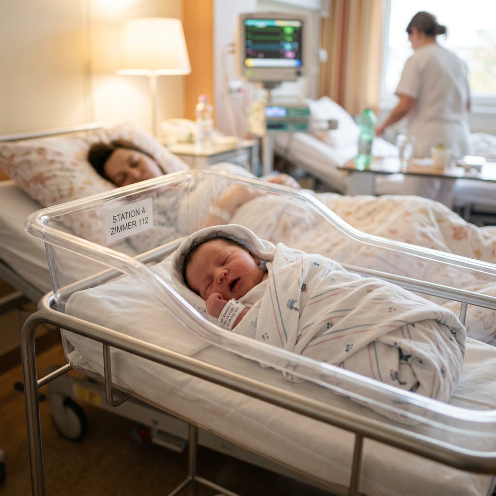 Newborn baby wrapped in a hospital blanket sleeping in a clear bassinet next to mother in hospital bed