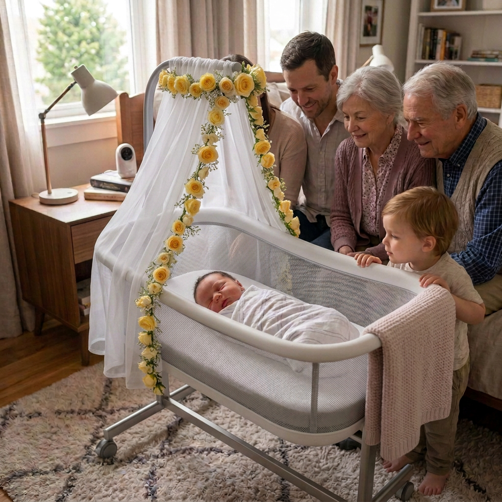 Newborn baby sleeping in a green car seat inside a wooden cradle with mother sitting nearby
