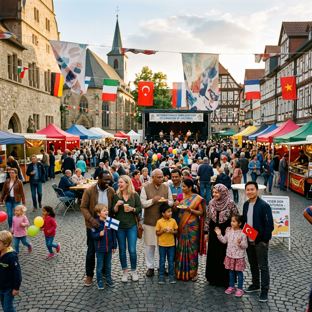 Crowd at an international family festival beneath a sign reading "INTERNATIONALE FAMILIENFEIER CELEBRATION OF CULTURES"