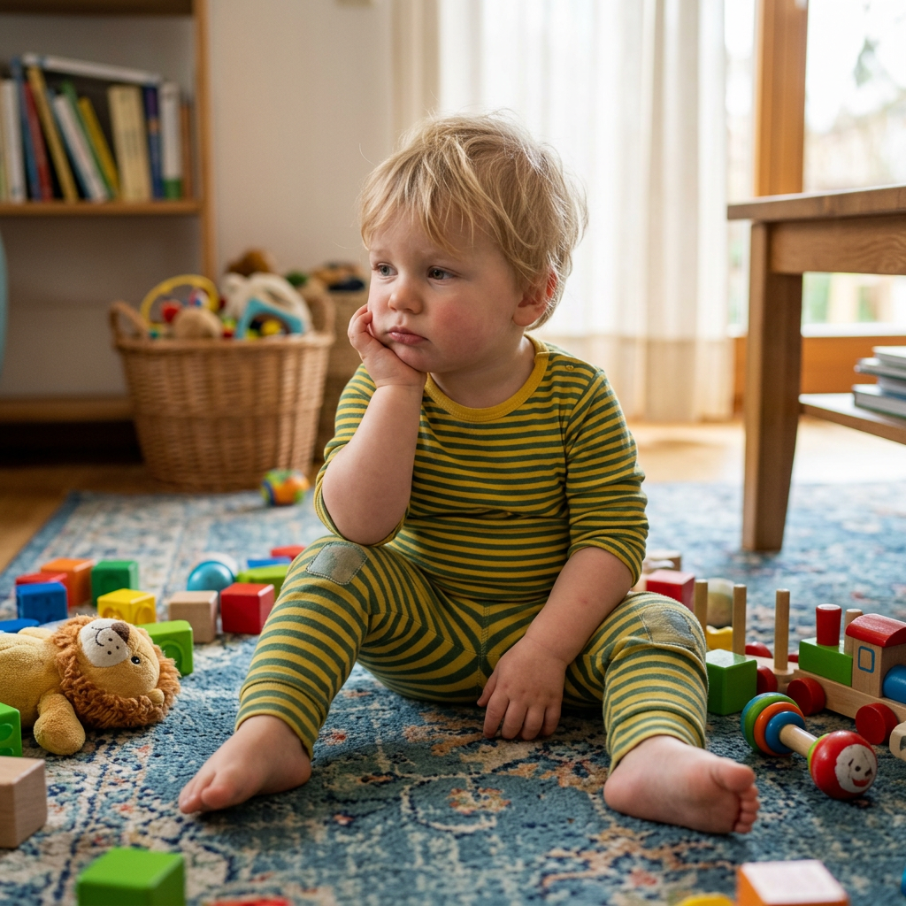 Toddler sitting thoughtfully on a rug among colorful toys