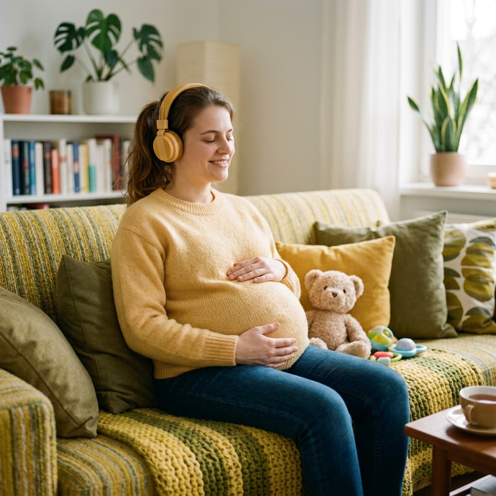 Mother holding baby on a sofa while baby chews a cloth toy